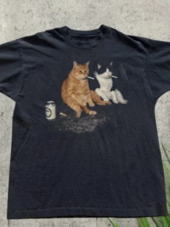 Funny Smoking Cats Graphic T-Shirt Black Unisex Meme Tee - Picture 1 of 1